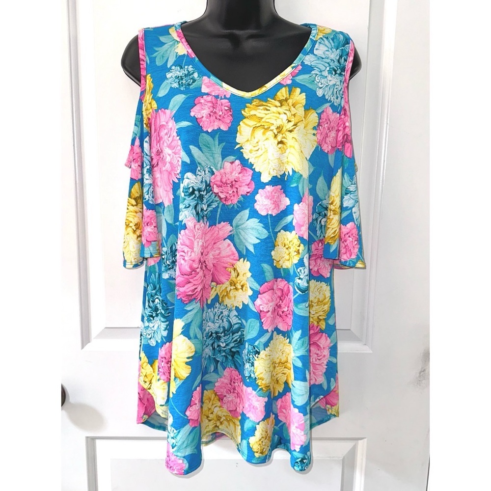 Cold Shoulder blue/yellow/pink floral print top